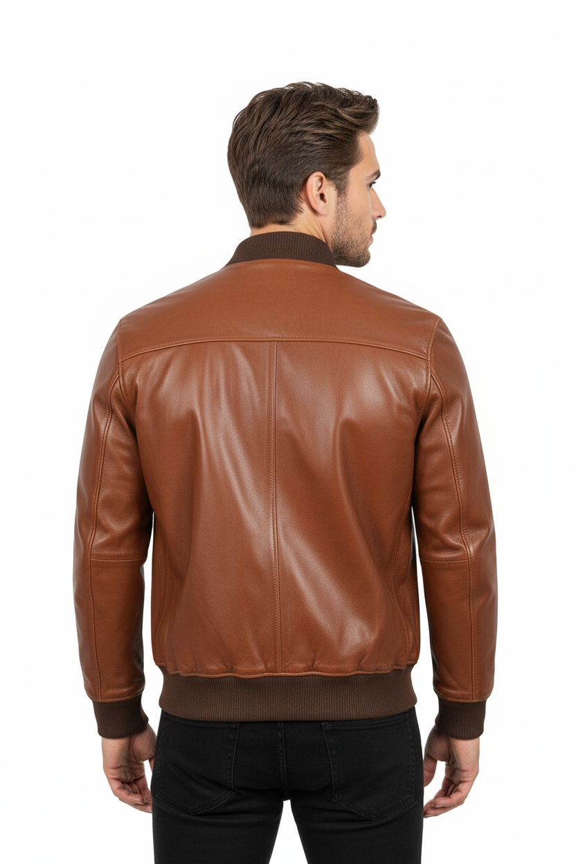Men's cognac brown leather bomber jacket back view