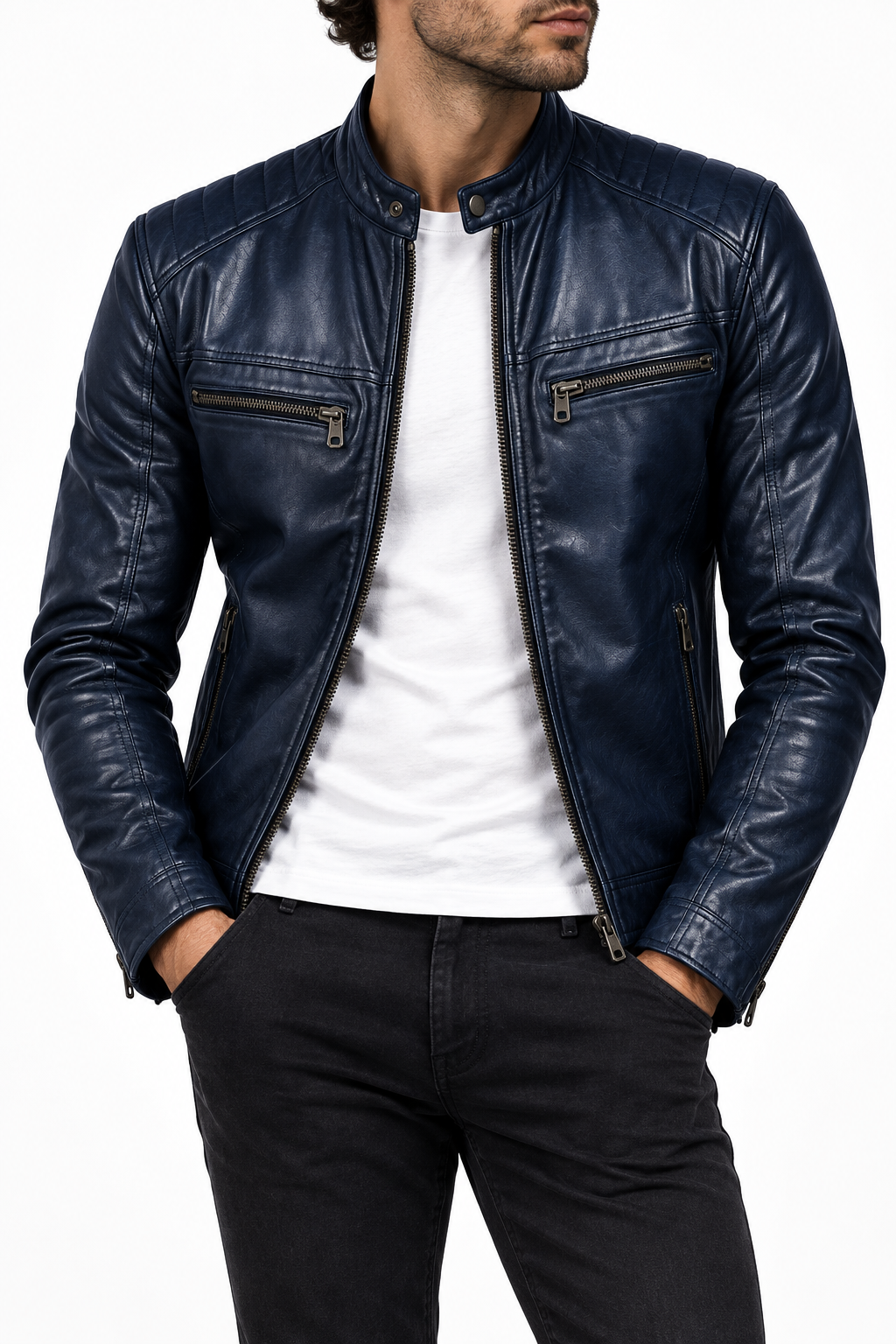 Navy blue leather biker jacket worn by a different model with the face cropped, on a white background