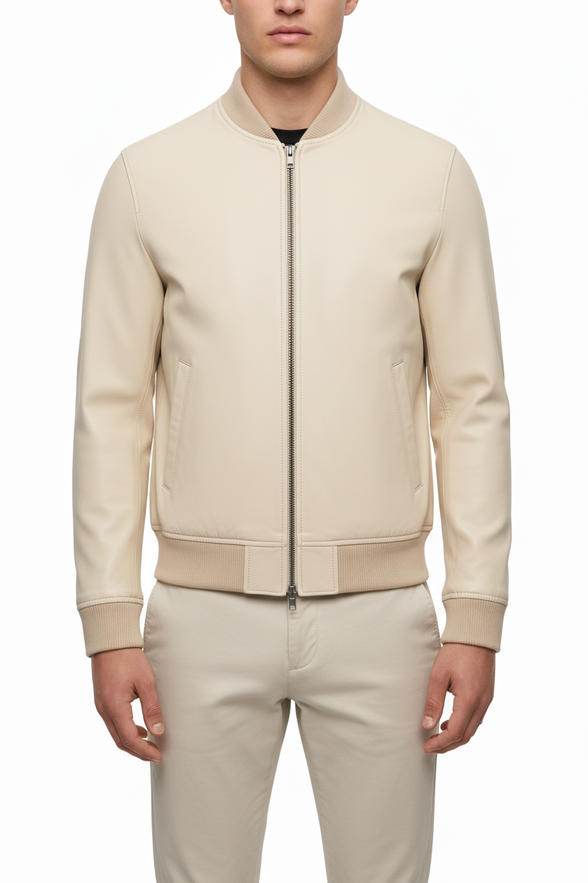 Men's cream leather bomber jacket front view