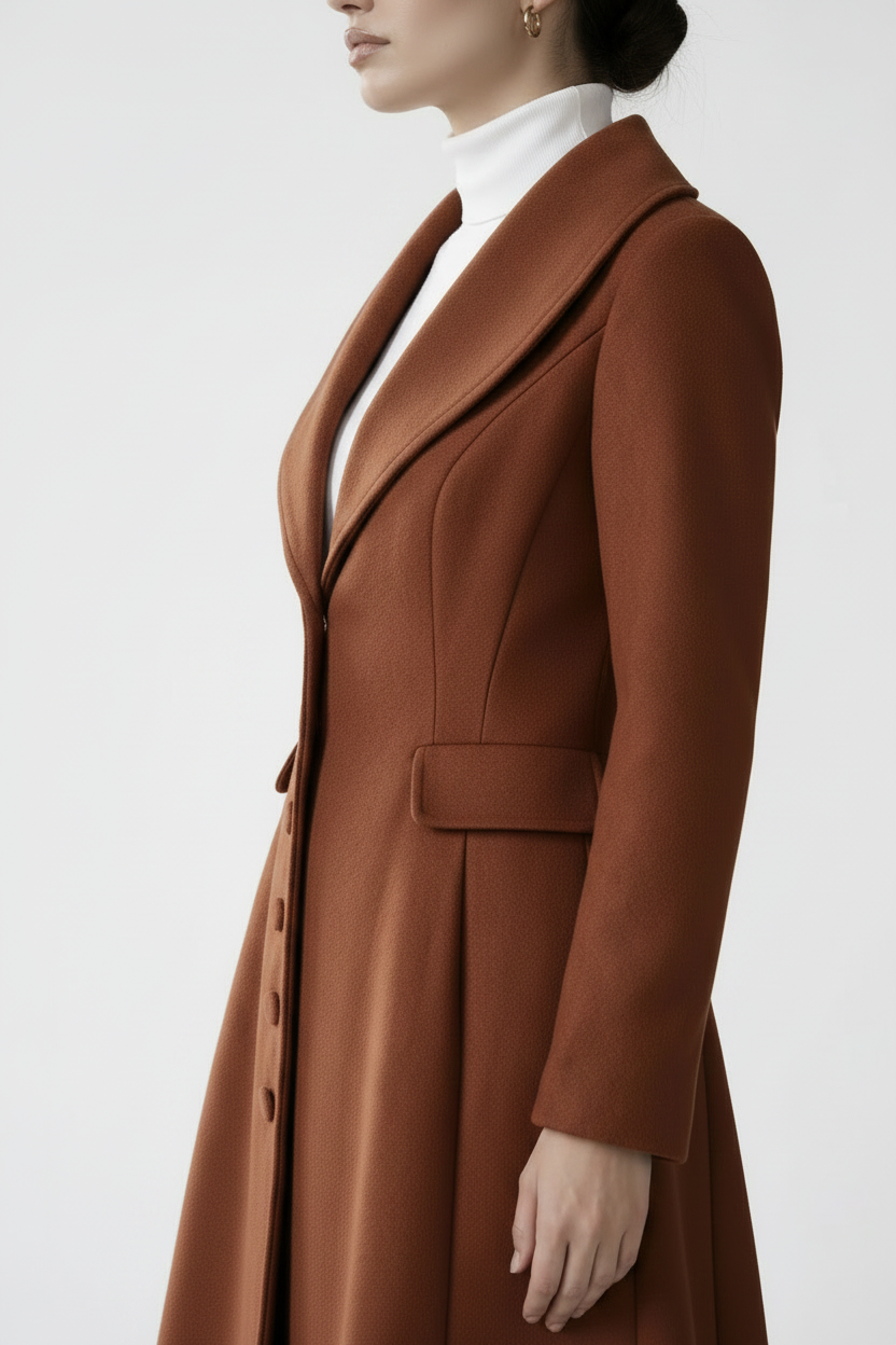 Terracotta vintage wool coat - three quarter side profile, white background