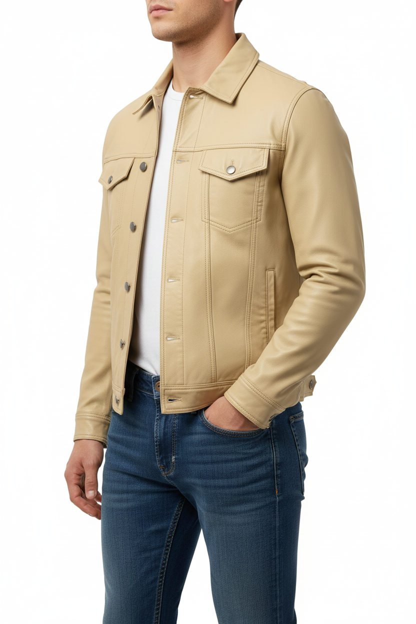 Men's Pale Yellow Leather Trucker Jacket - Side Open