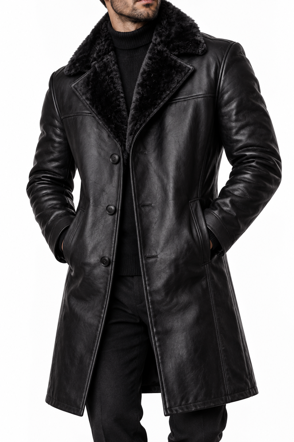 Below-knee black leather coat worn by a different model with the full face cropped, on a white background