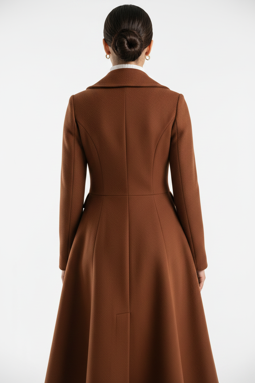 Terracotta vintage wool coat - back view with model, white background