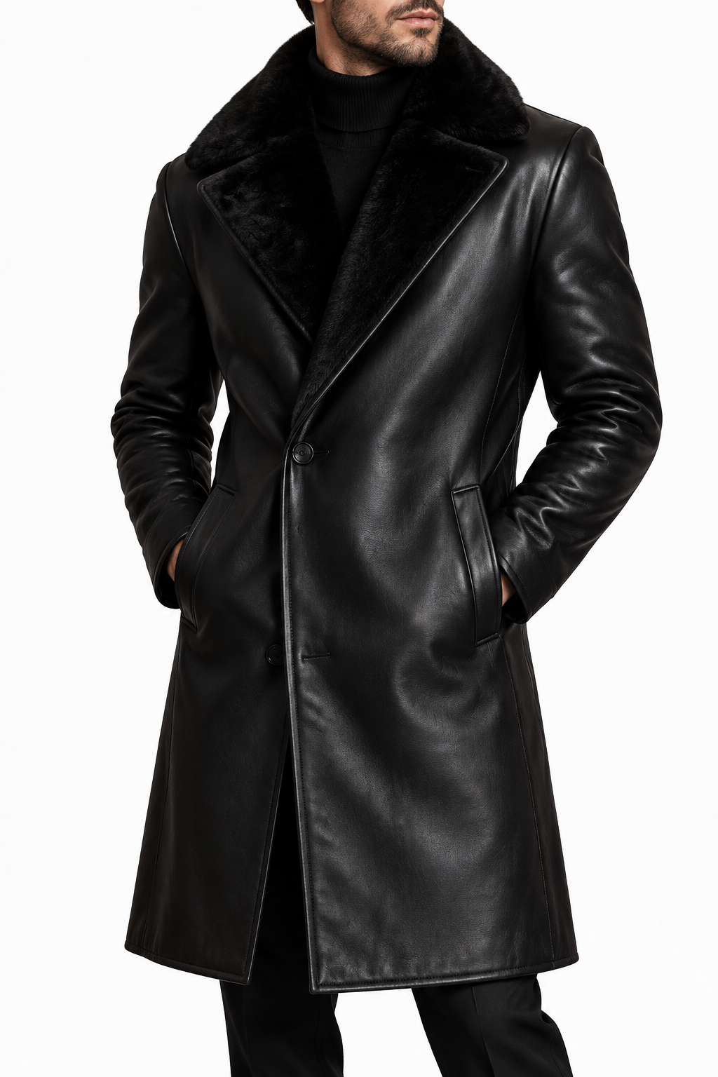Long black leather coat worn by a different model with the full face cropped, on a white background