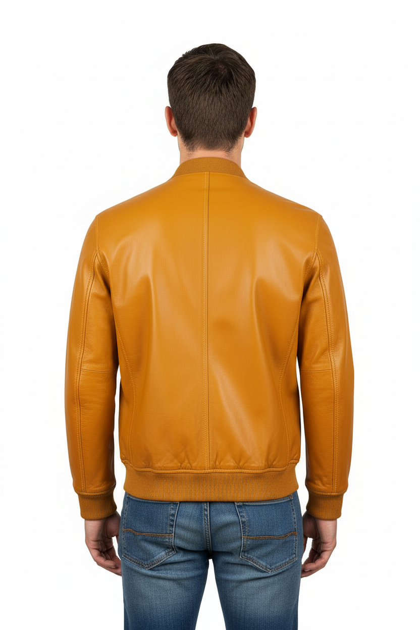 Men's mustard yellow leather bomber jacket back view