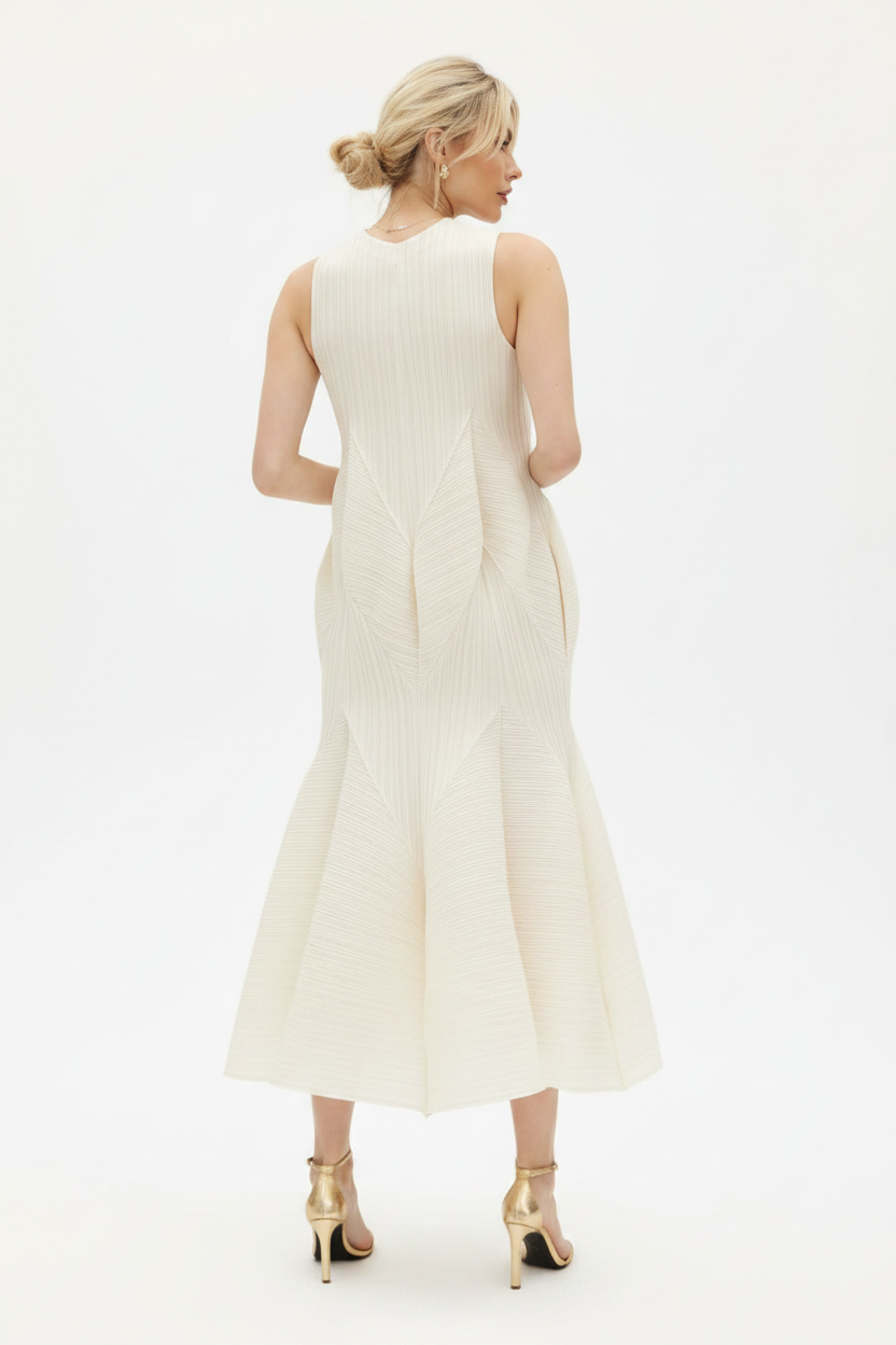 Ivory dress model back white background