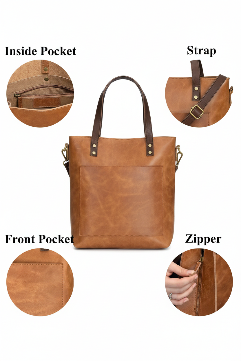 Leather Tote Bag Infographic on White Background