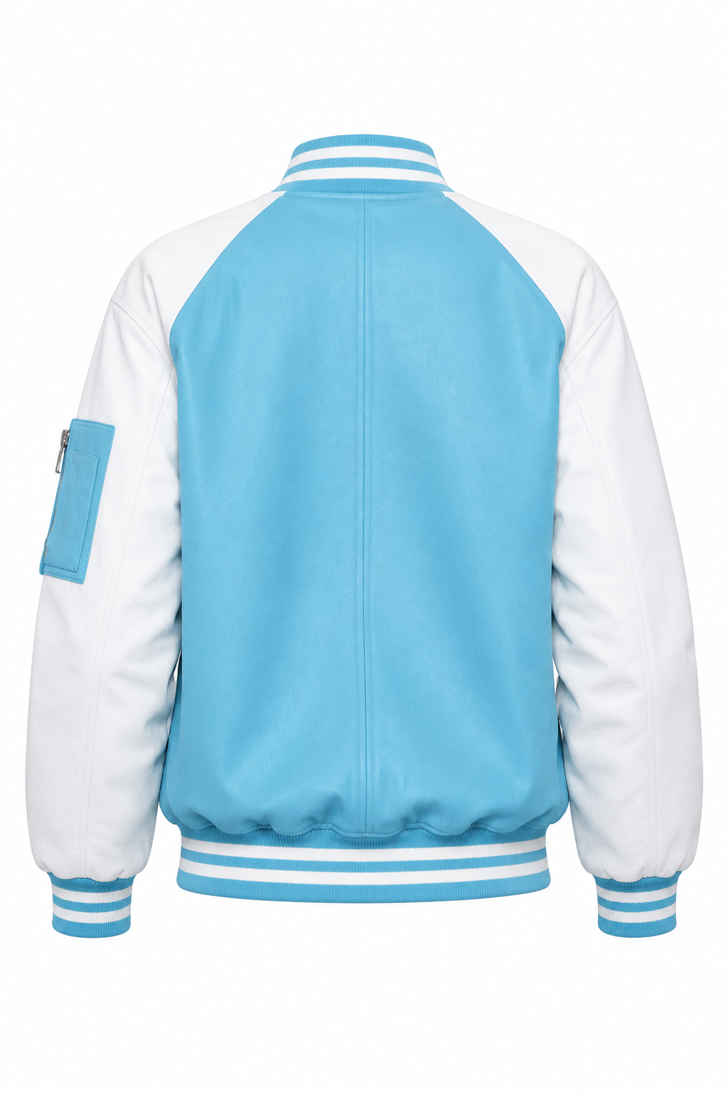 Light blue and white varsity jacket, back product view
