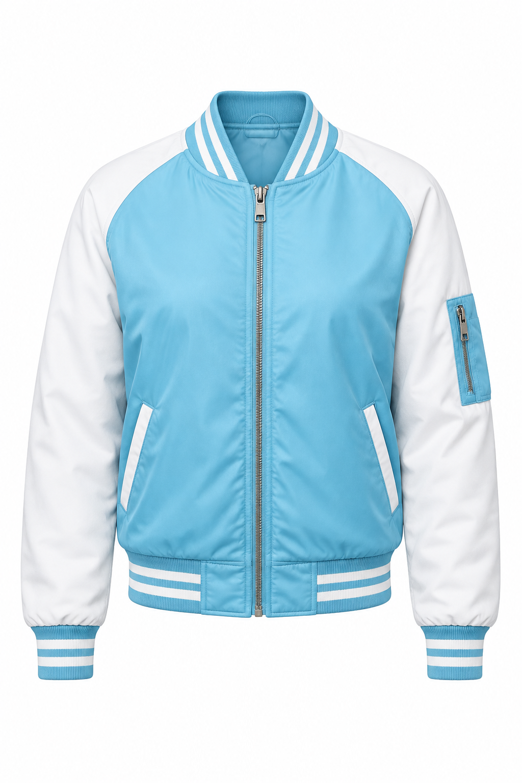 Light blue and white varsity jacket, product view 1