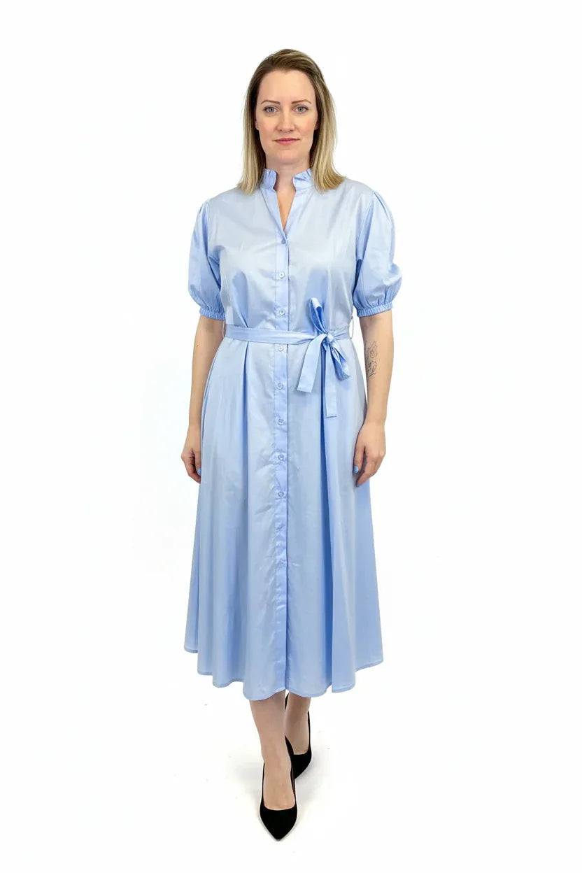 Cotton Puff Sleeve Midi Dress with Belt - One Size UK 8-14 - Ivory Luxe