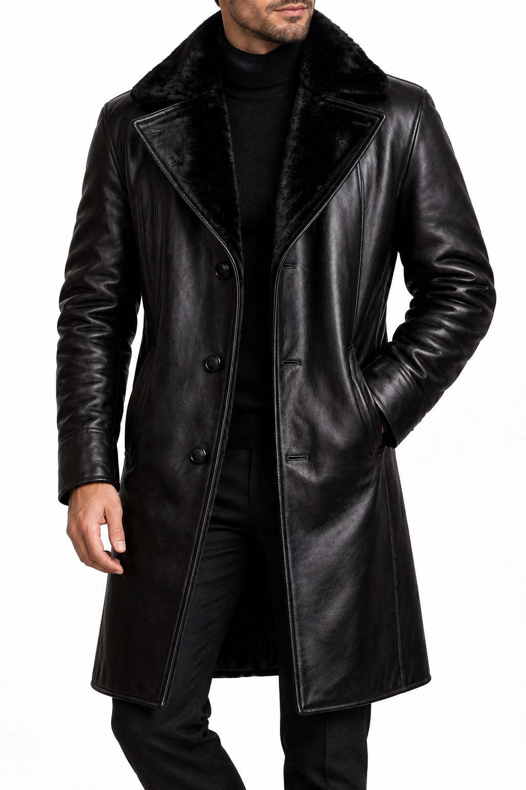 Long black leather coat with a different model, view 1