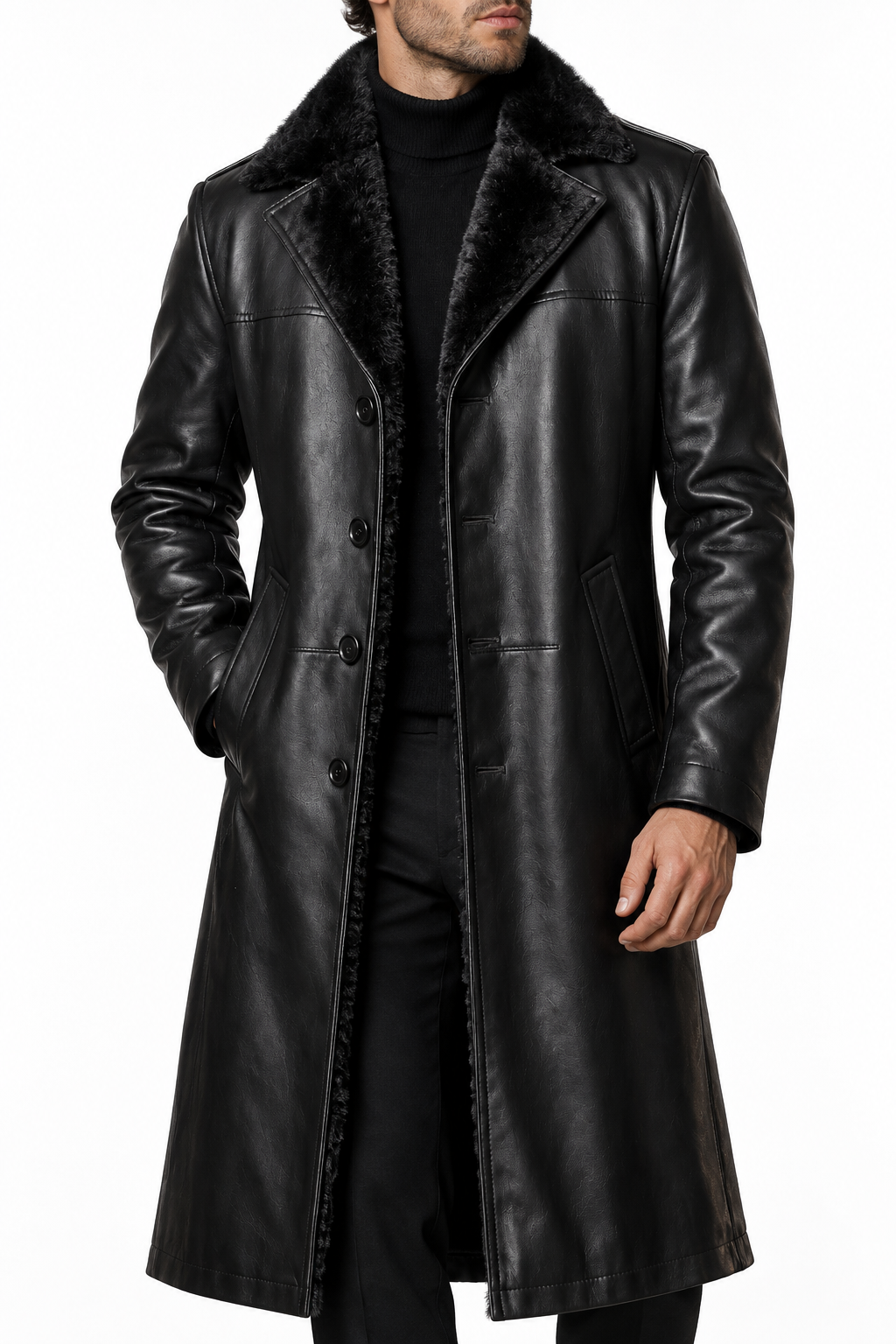 Long black leather coat with a different model, view 1