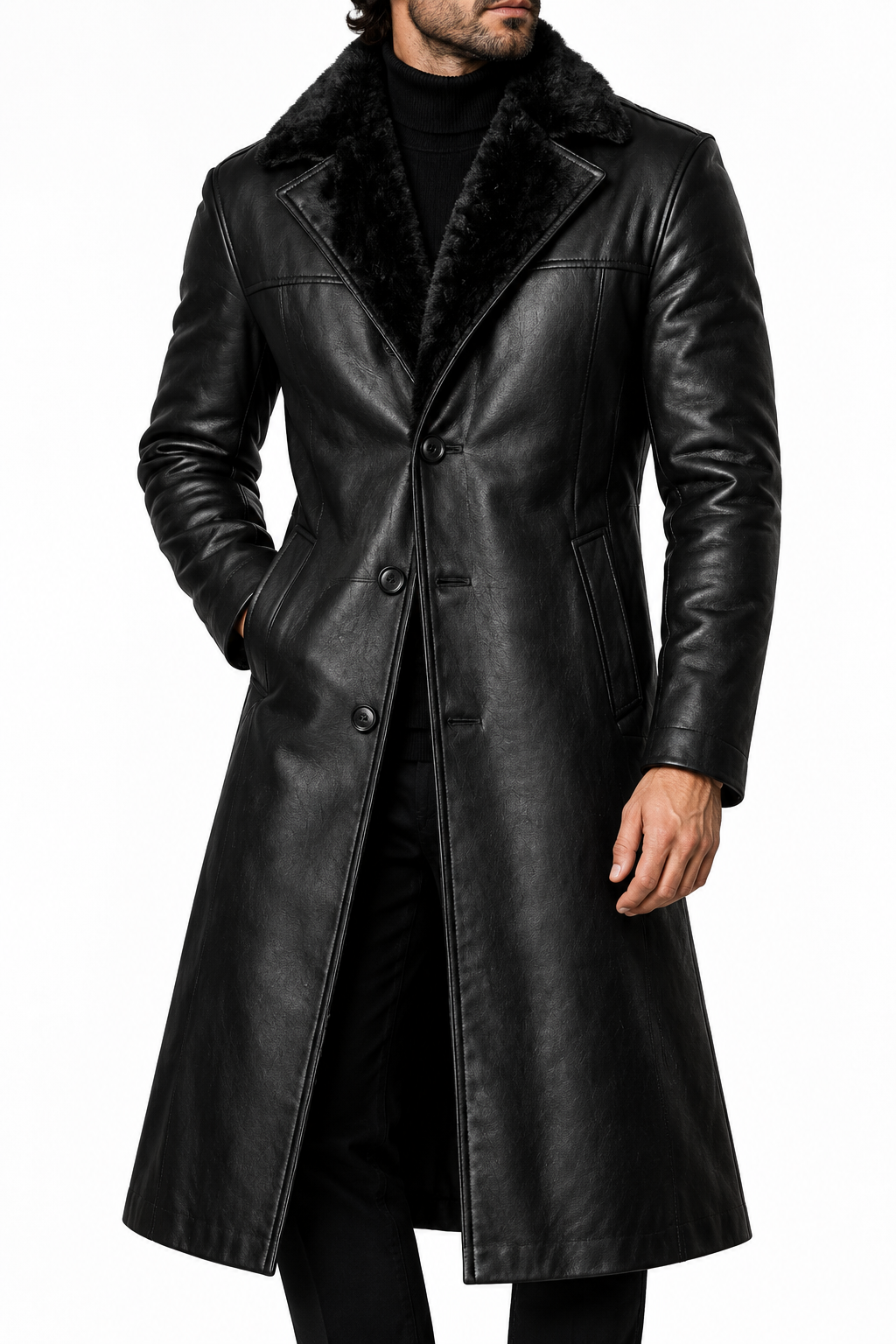 Long black leather coat with a different model, view 2
