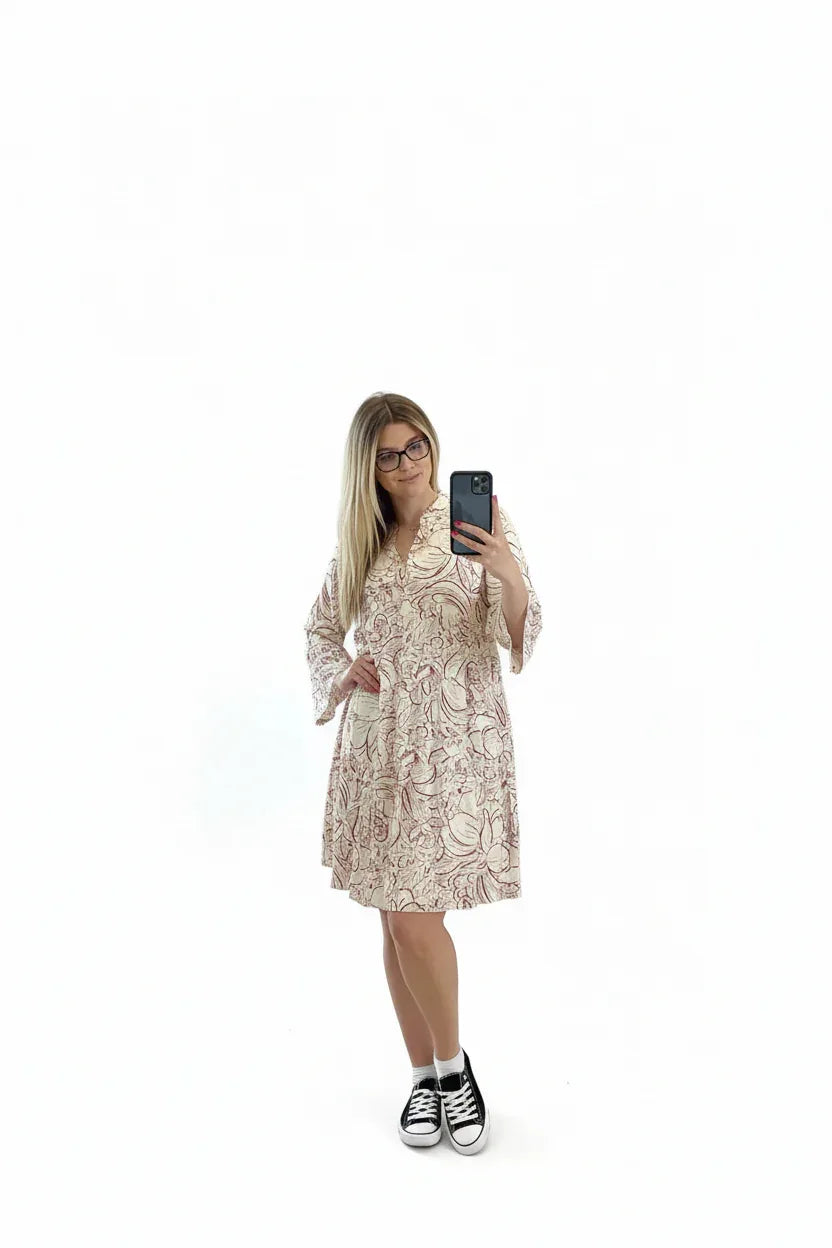 Floral Midi Smock Dress | Long Sleeve Women's Casual Dress UK - Ivory Luxe