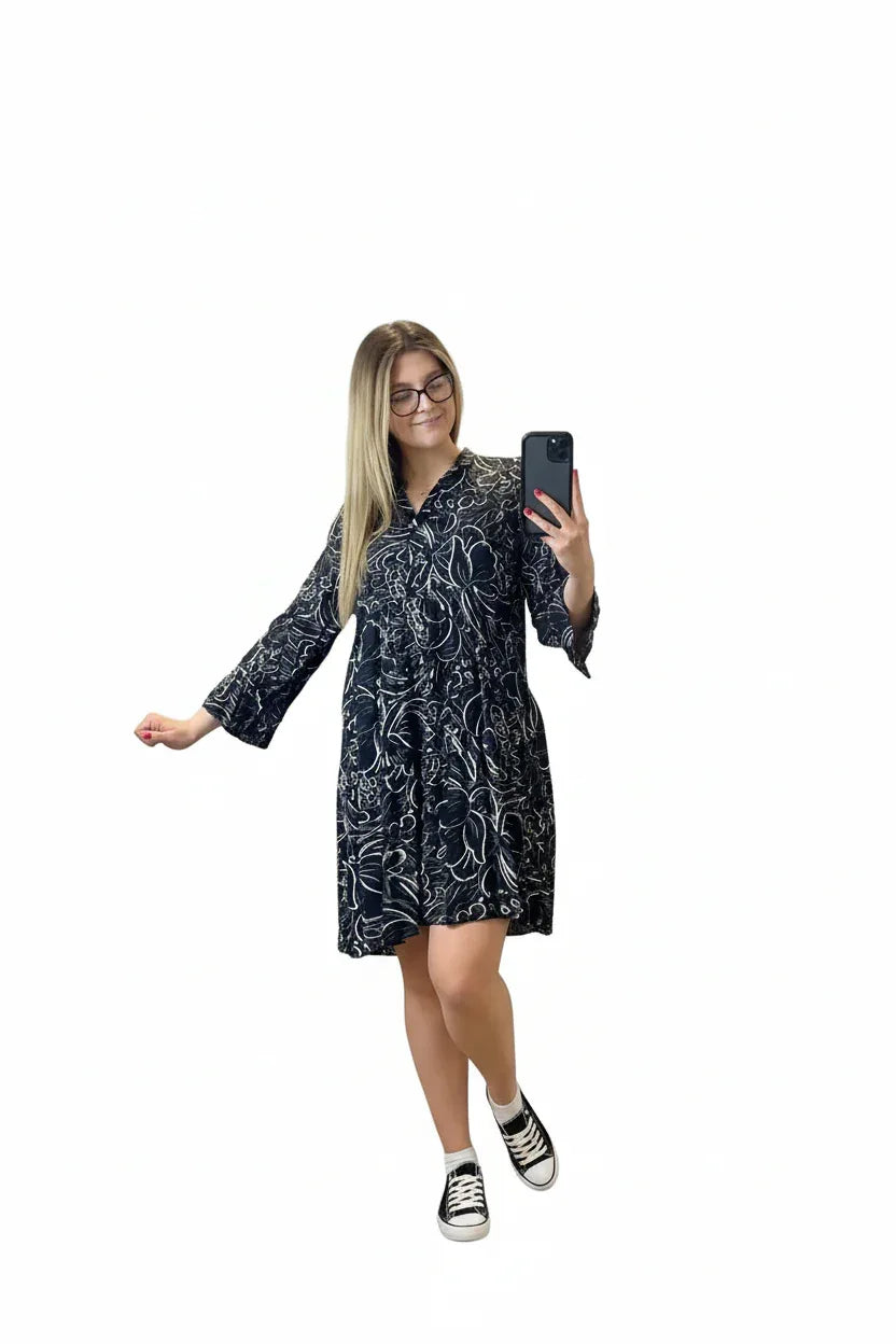 Floral Midi Smock Dress | Long Sleeve Women's Casual Dress UK - Ivory Luxe