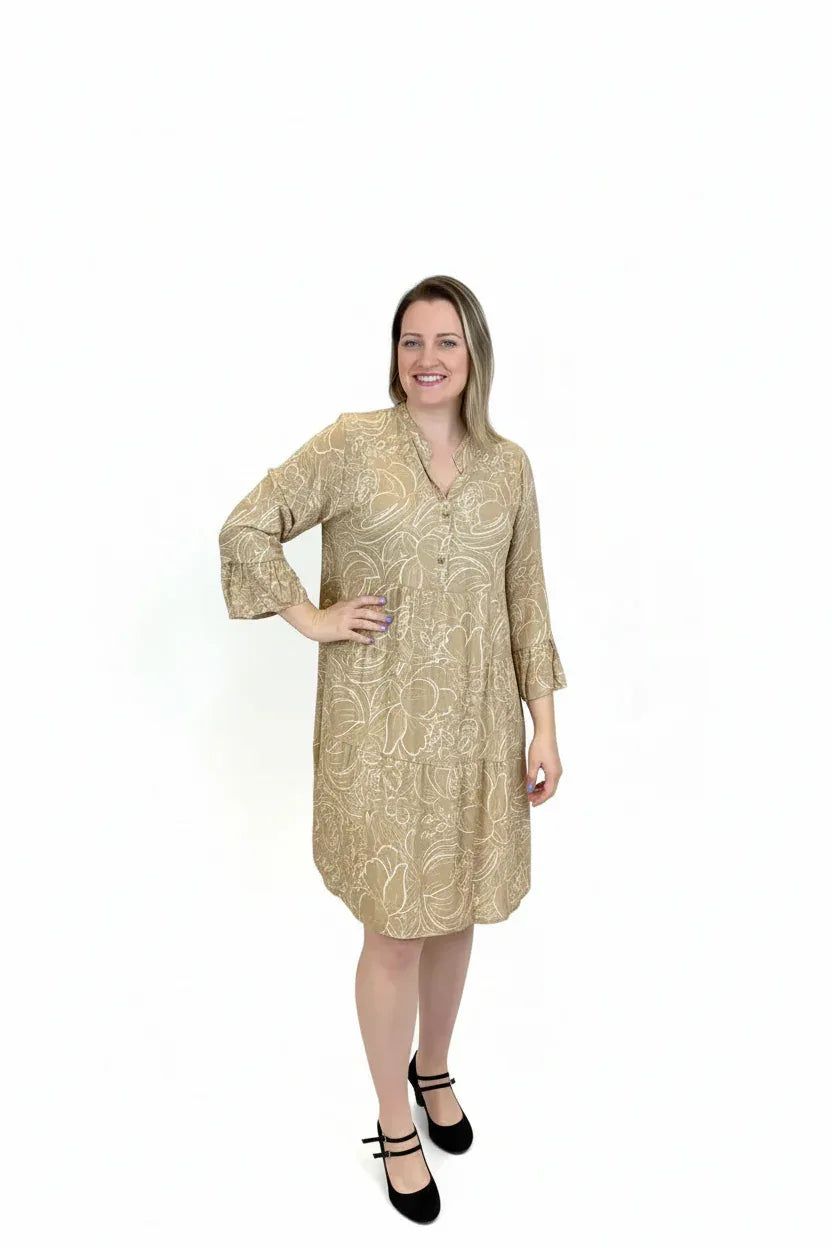 Floral Midi Smock Dress | Long Sleeve Women's Casual Dress UK - Ivory Luxe