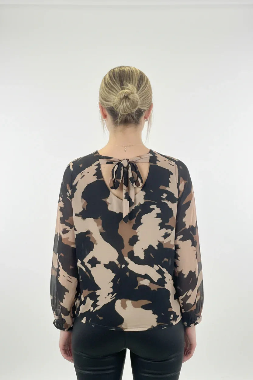 Abstract Print Long Sleeve Top | Women's Casual Blouse - Ivory Luxe