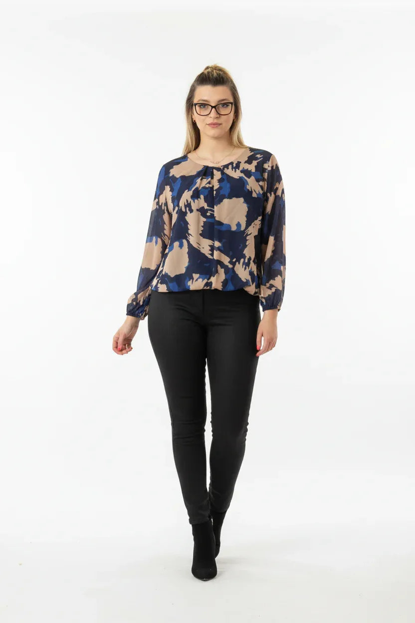 Abstract Print Long Sleeve Top | Women's Casual Blouse - Ivory Luxe