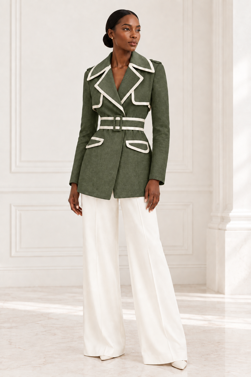 Model wearing the army green linen blazer