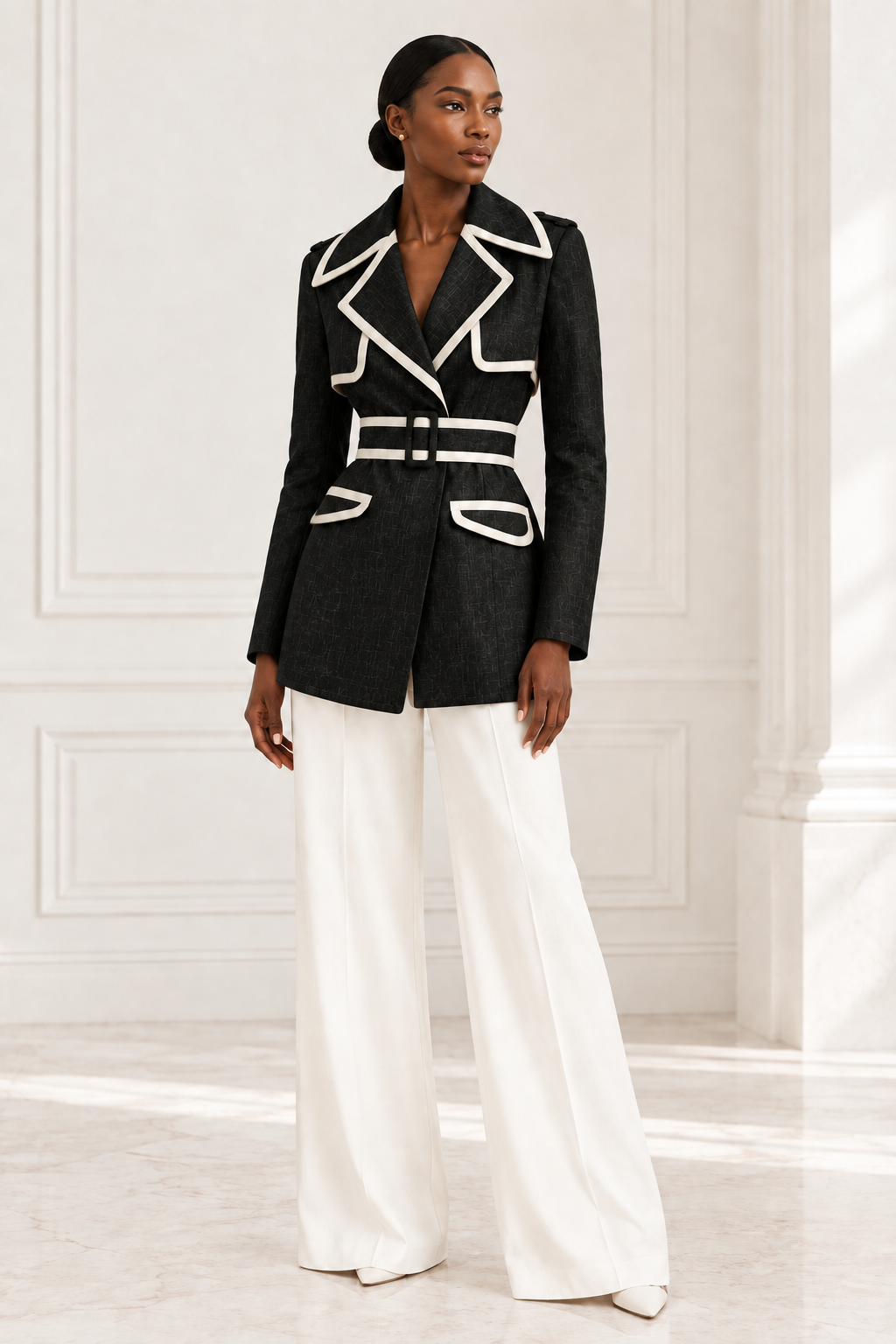 Model wearing the black linen blazer