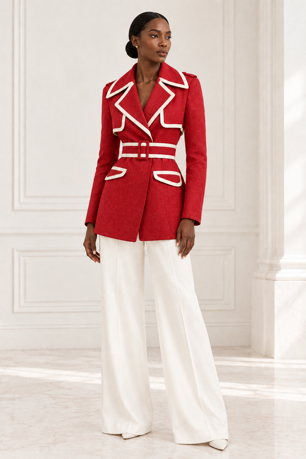 Model wearing the carmine-red linen blazer