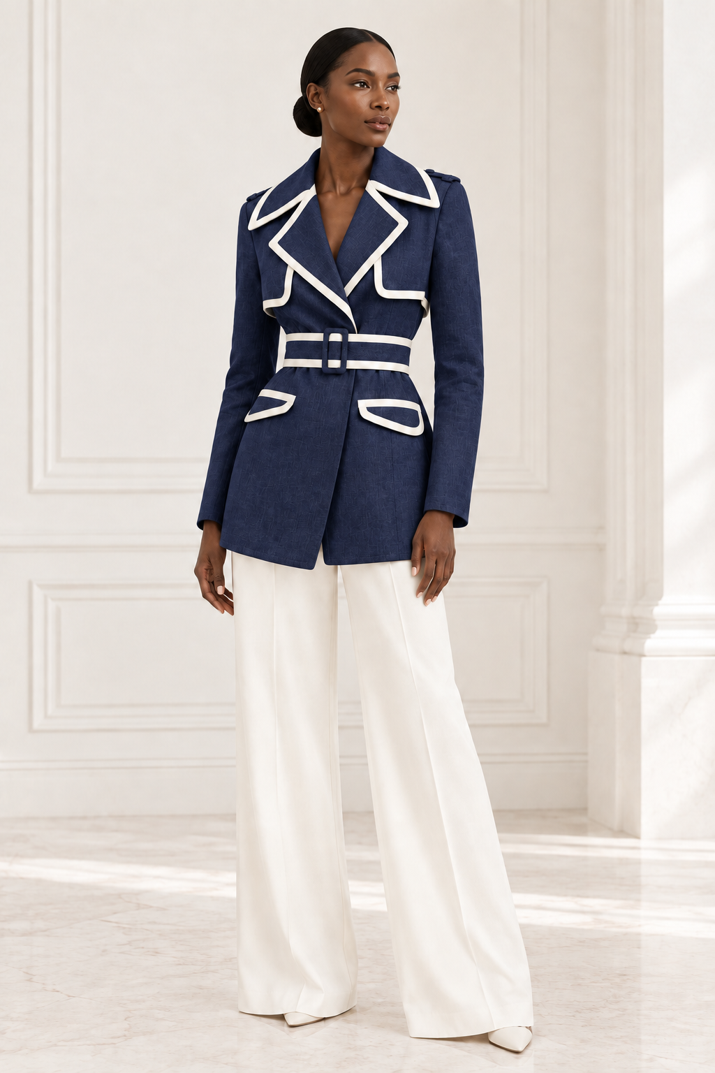 Model wearing the dark blue linen blazer