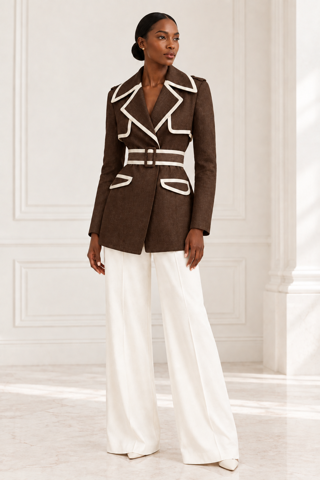 Model wearing the dark brown linen blazer