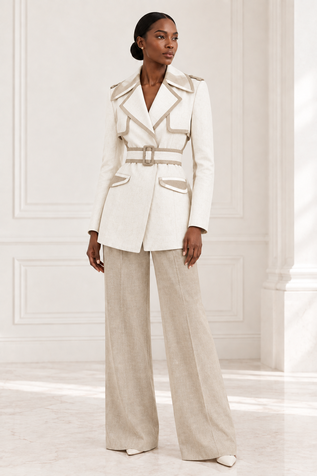 Model wearing the ivory linen blazer
