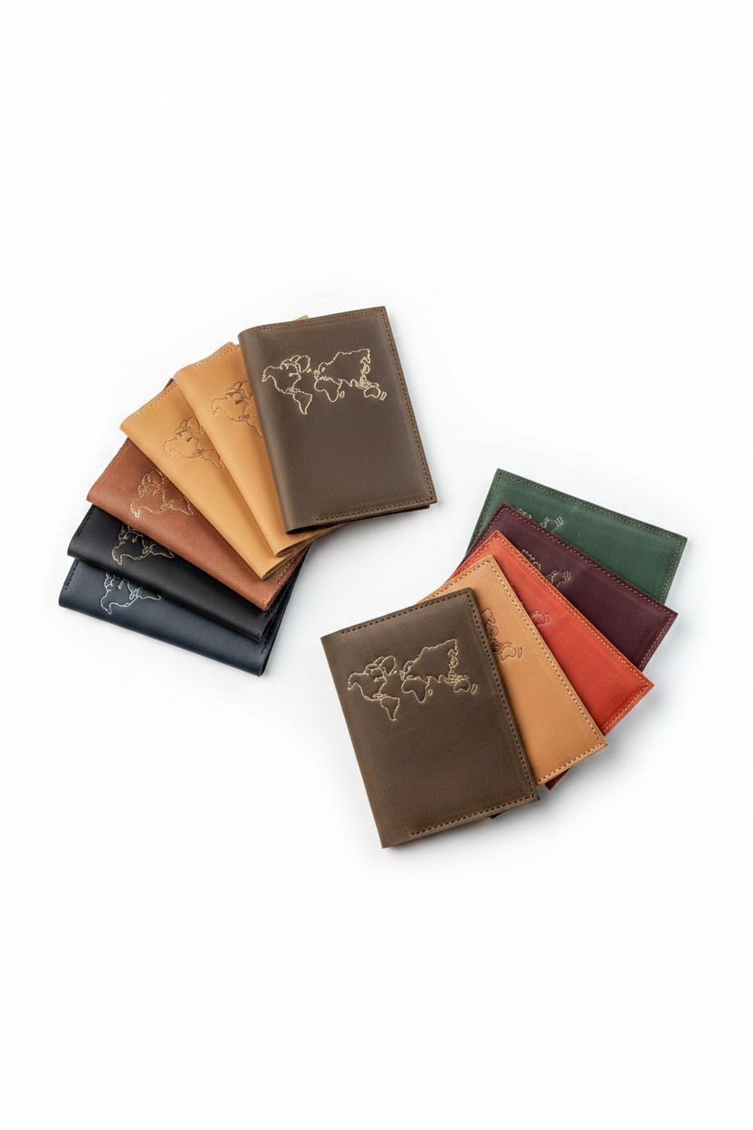 Multi-colour leather passport covers fanned out