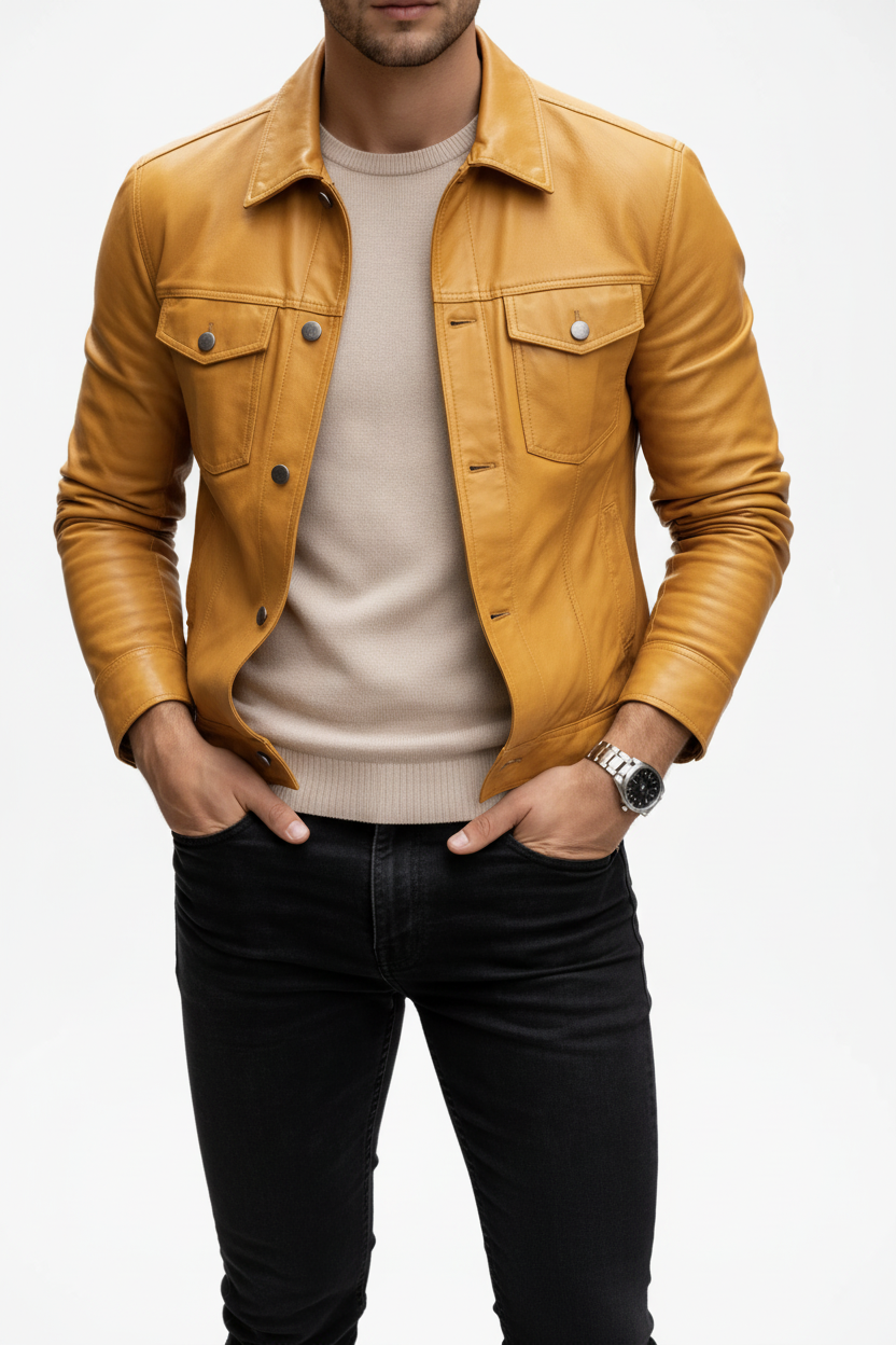 Mustard Leather Jacket Front – New Model