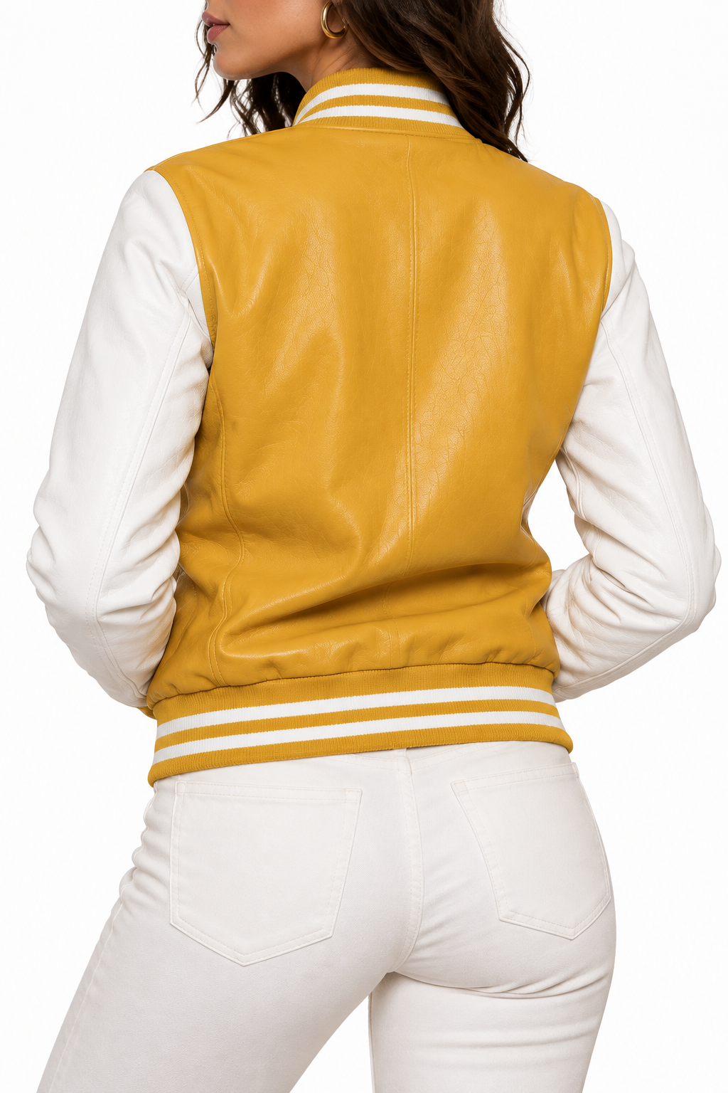 Mustard yellow and white varsity jacket, back view with a different model