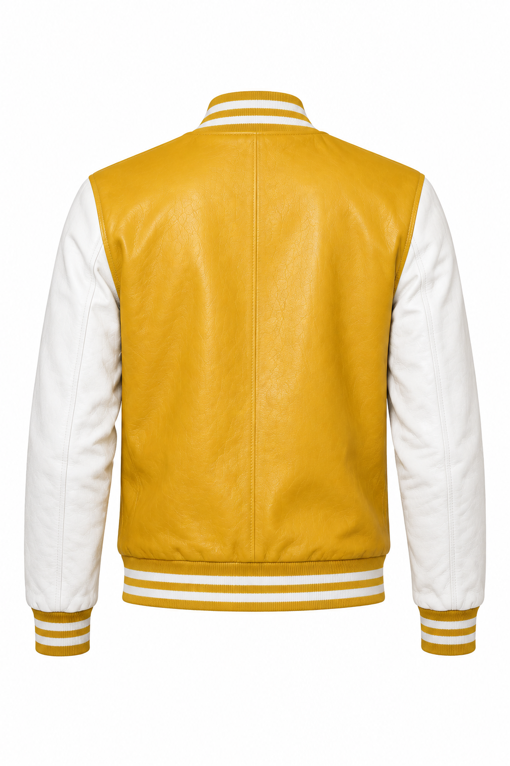 Mustard yellow and white varsity jacket, back