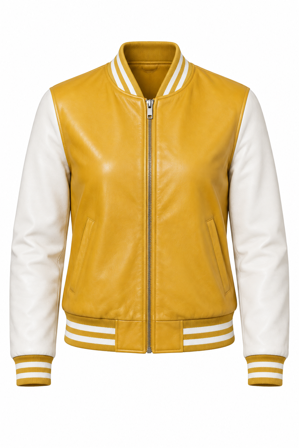Mustard yellow and white varsity jacket, front