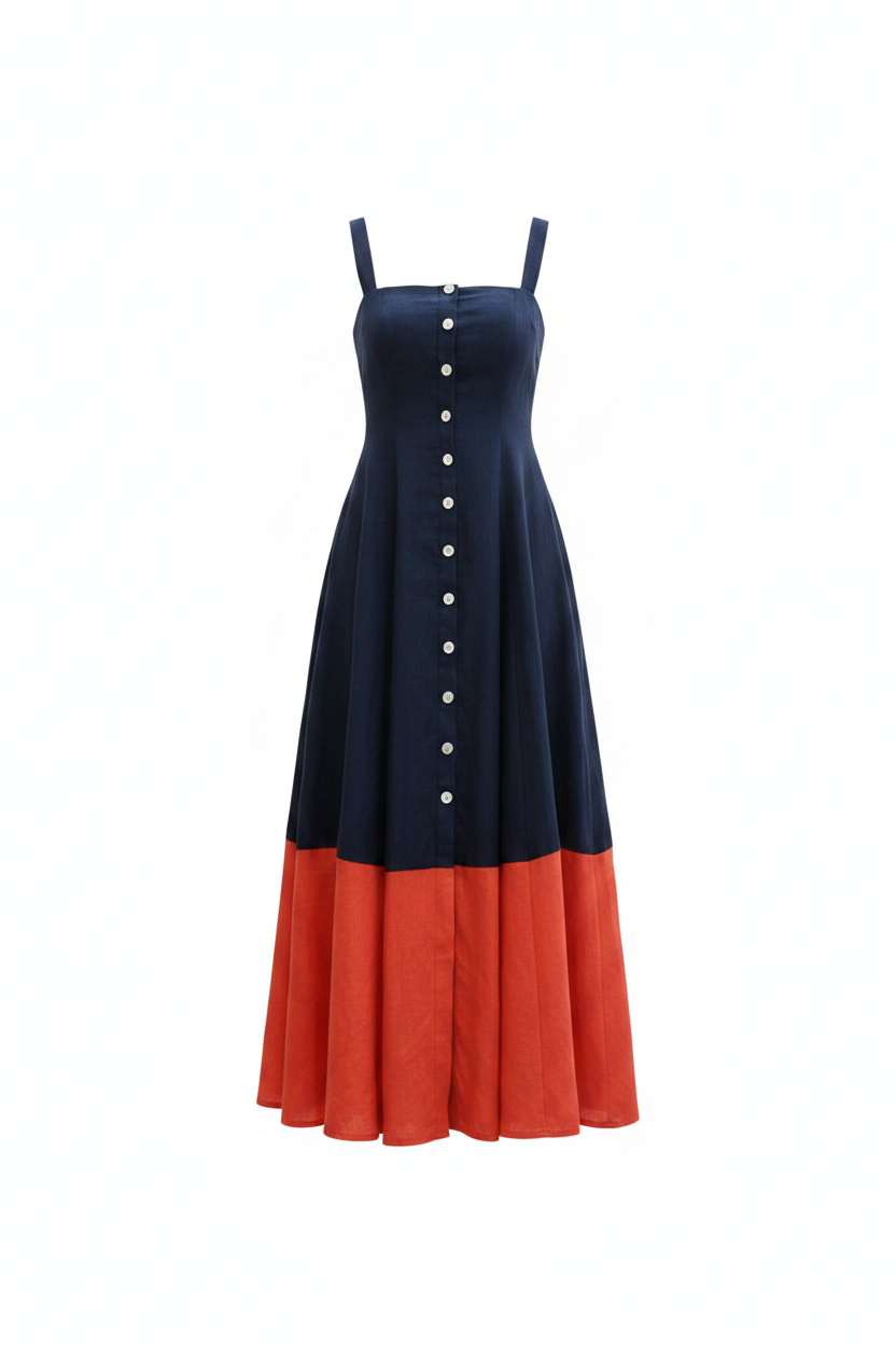 open lace back dress Navy & Orange Colour Block Midi Dress