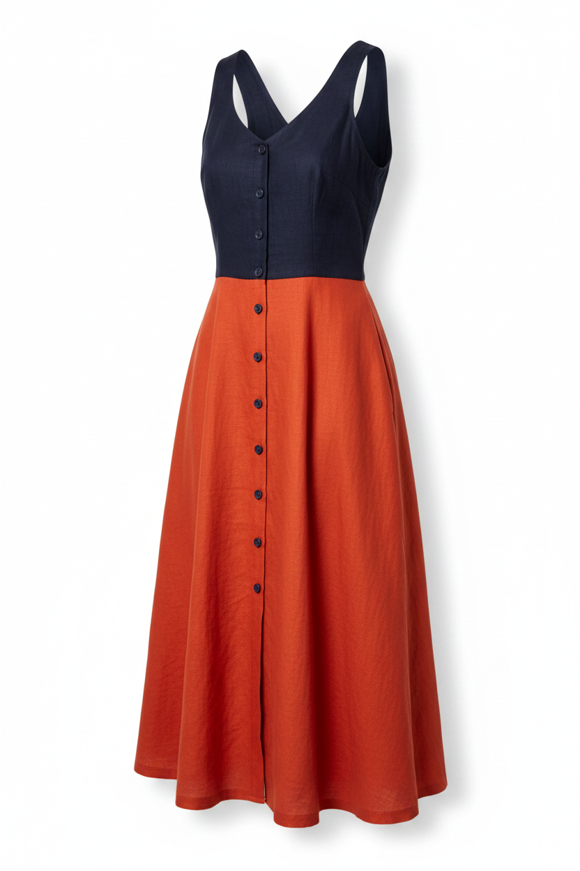 Navy & Orange Colour Block Midi Dress