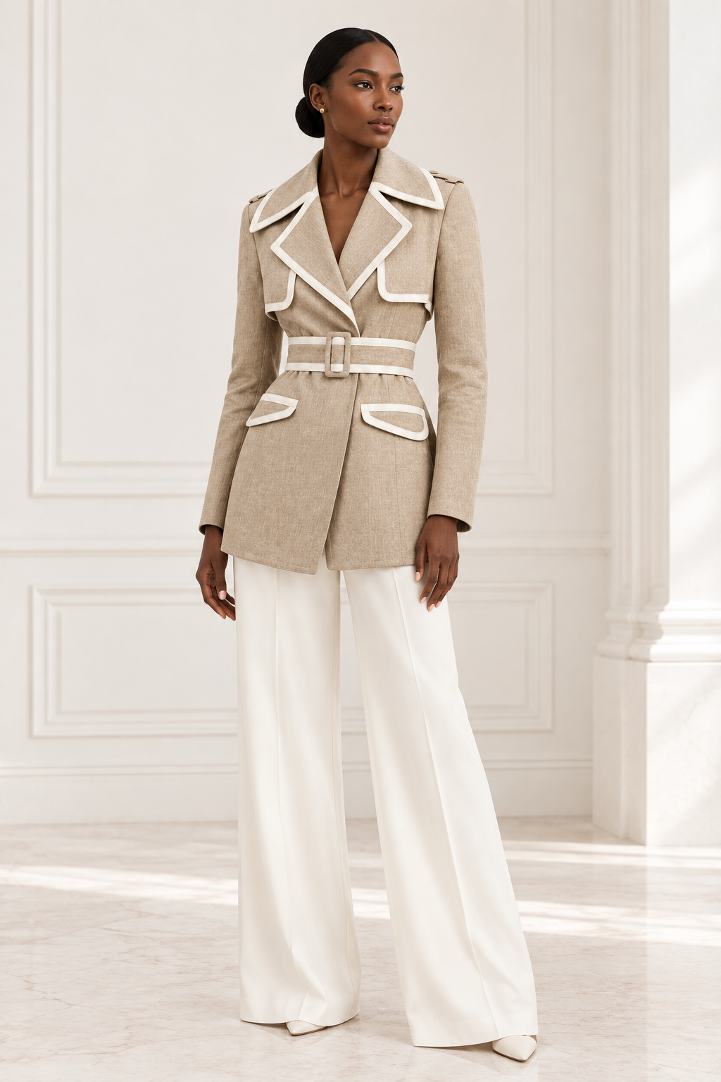 New model wearing the sand linen blazer in a luxurious white setting