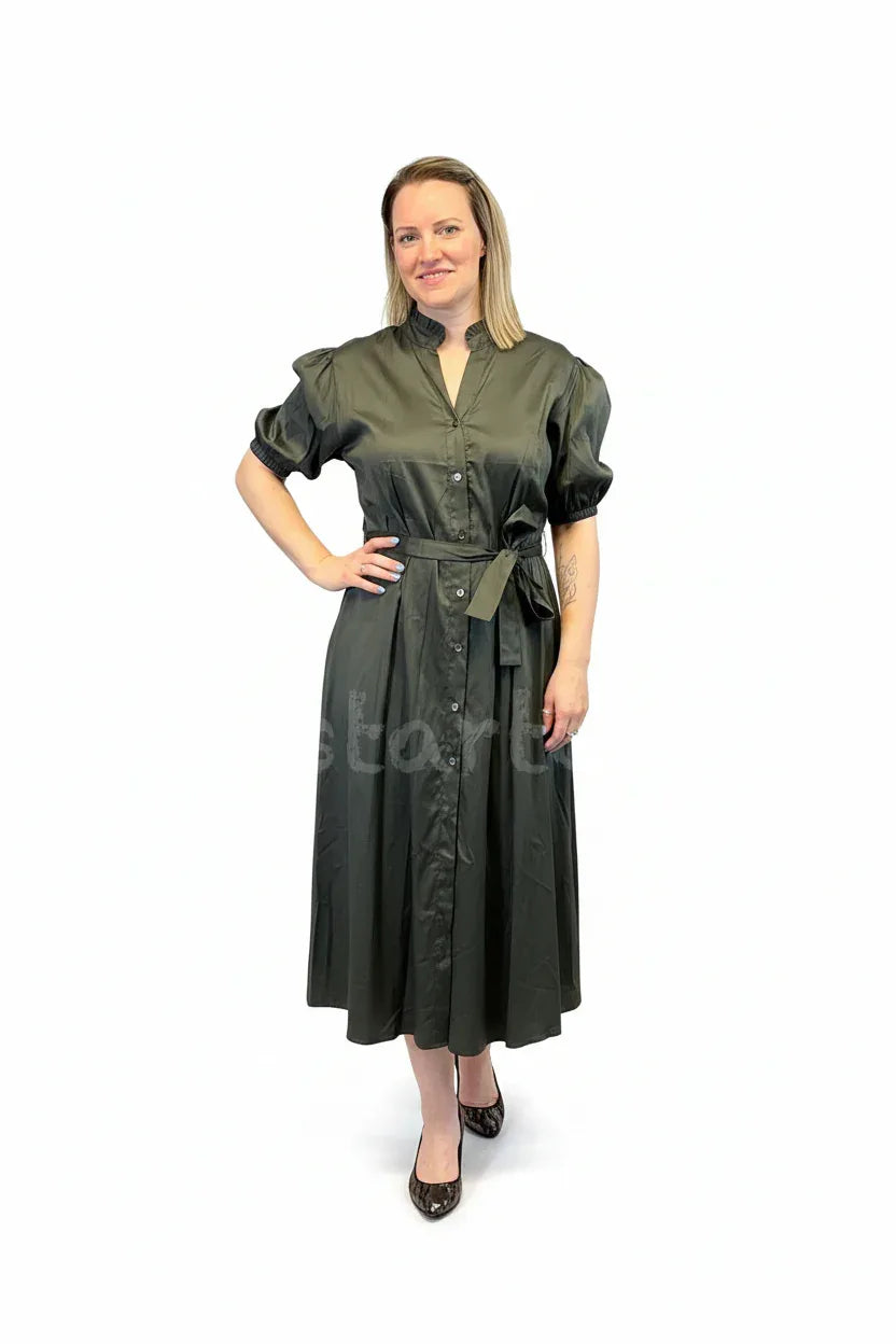 Cotton Puff Sleeve Midi Dress with Belt - One Size UK 8-14 - Ivory Luxe