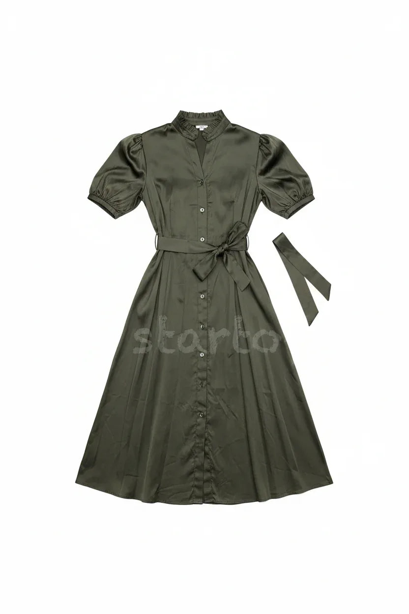 Cotton Puff Sleeve Midi Dress with Belt - One Size UK 8-14 - Ivory Luxe