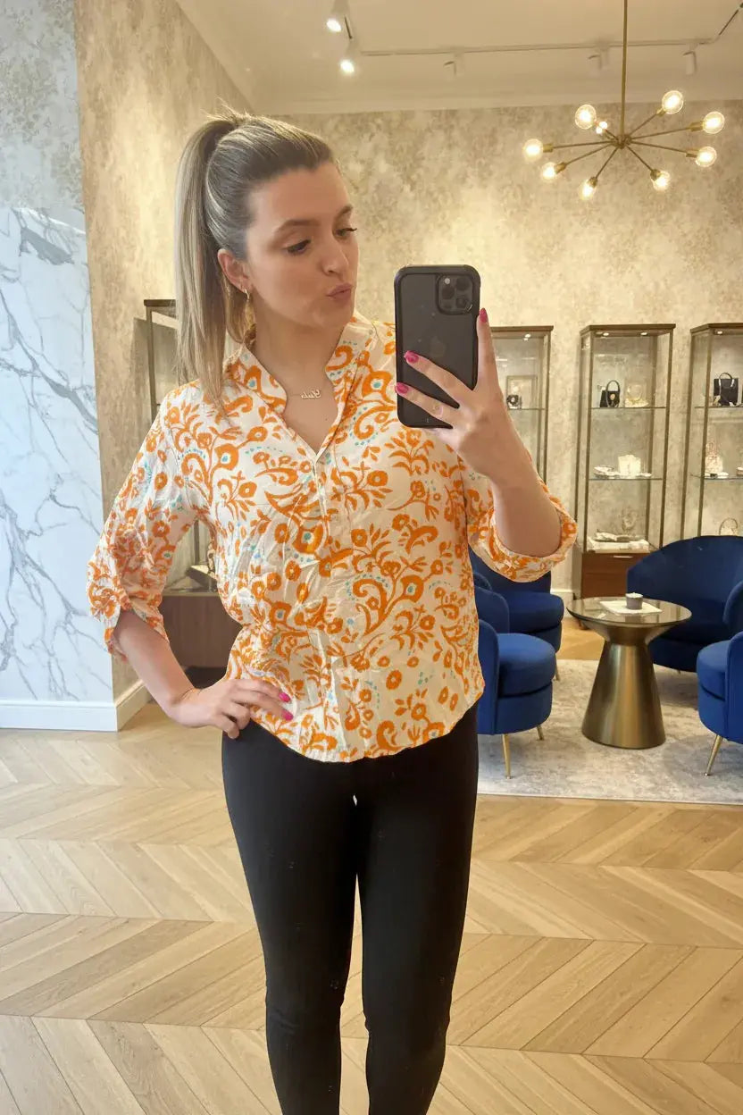 Italian Luxury Floral Print Blouse | Designer Shirt - Ivory Luxe