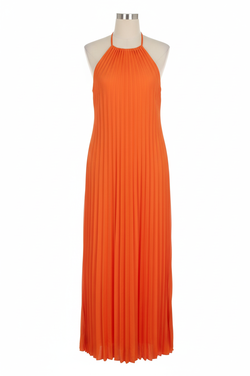 Orange Pleated Halterneck Maxi Dress