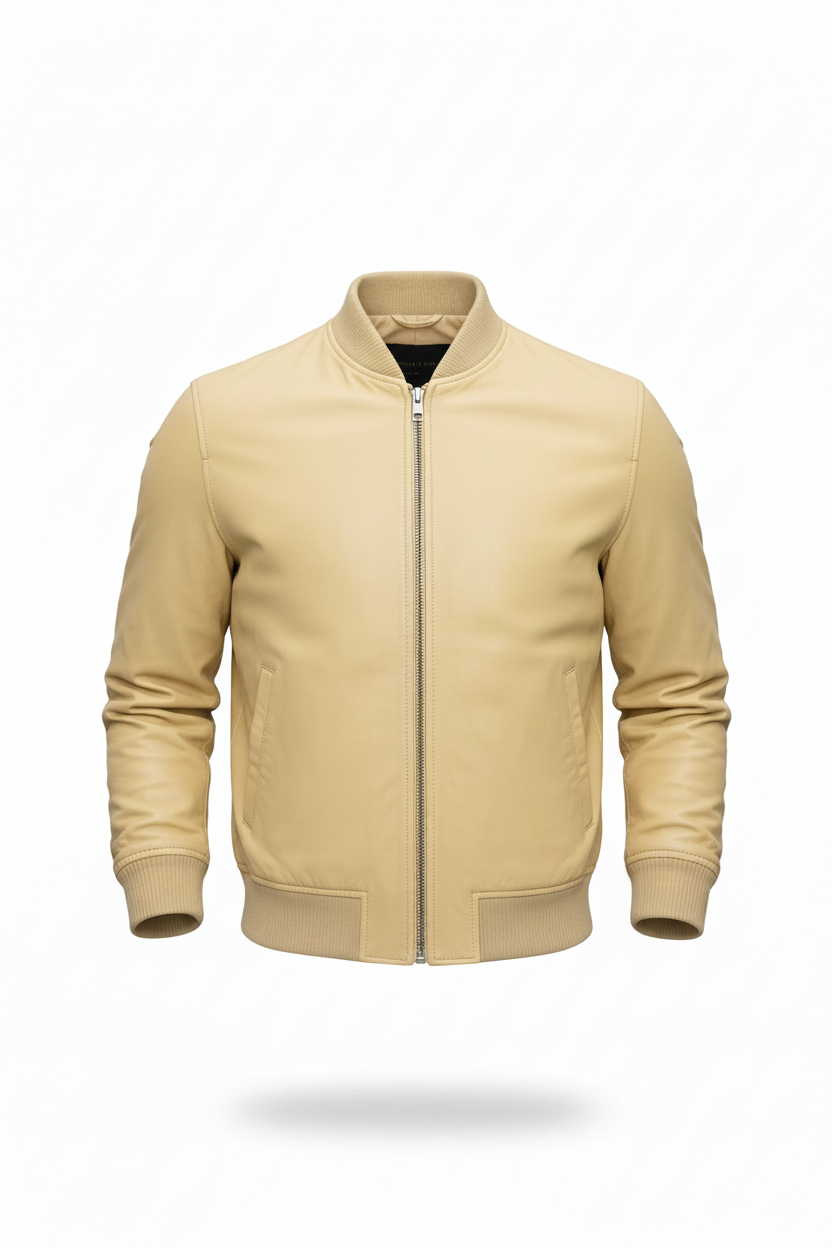 Men's Leather Bomber Jacket – Ribbed Collar, Zip Front & Minimalist Design
