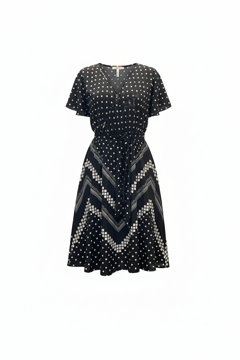 Polka dot geometric midi dress on white background