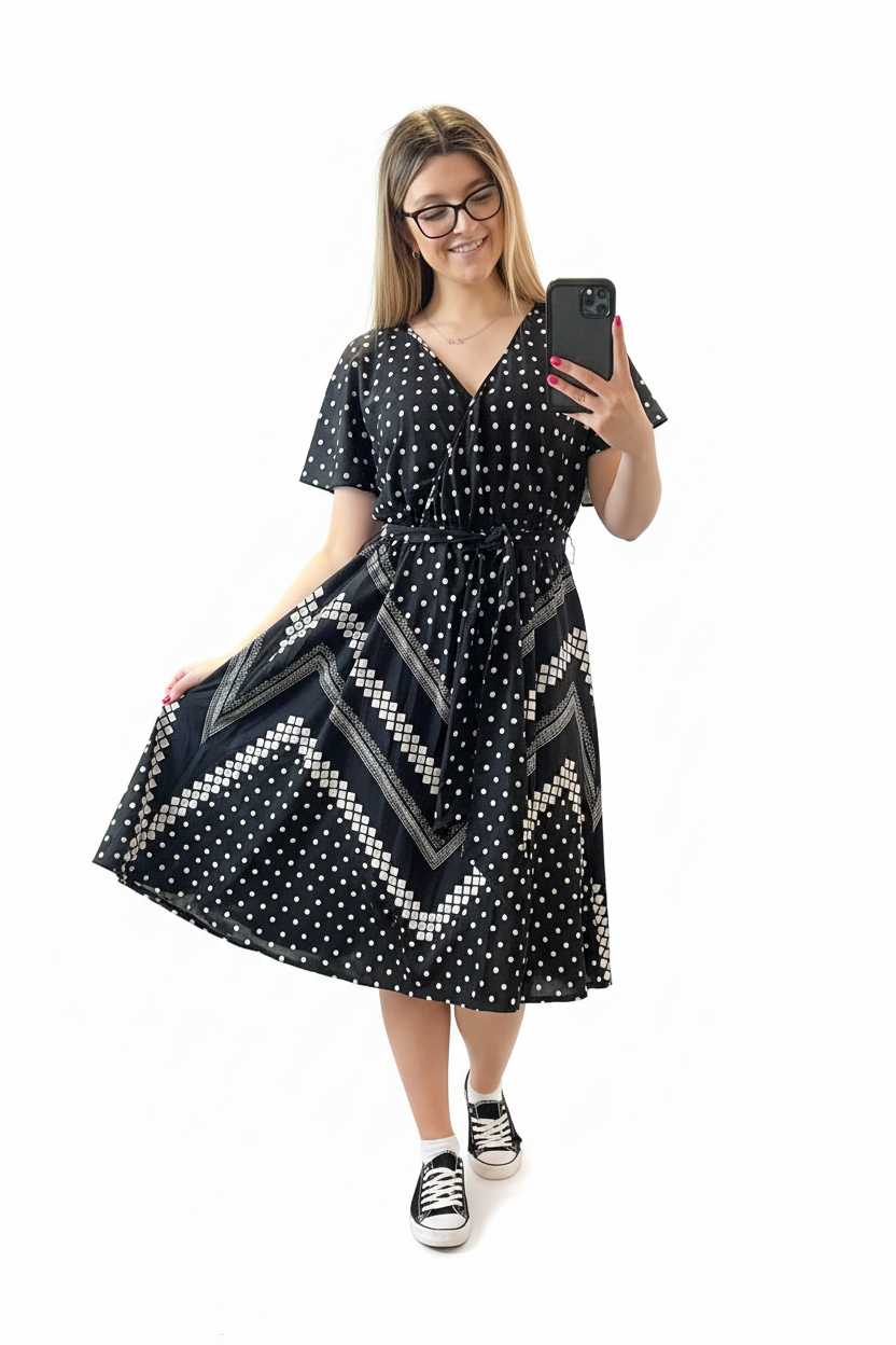 Polka dot geometric midi dress with model on white background