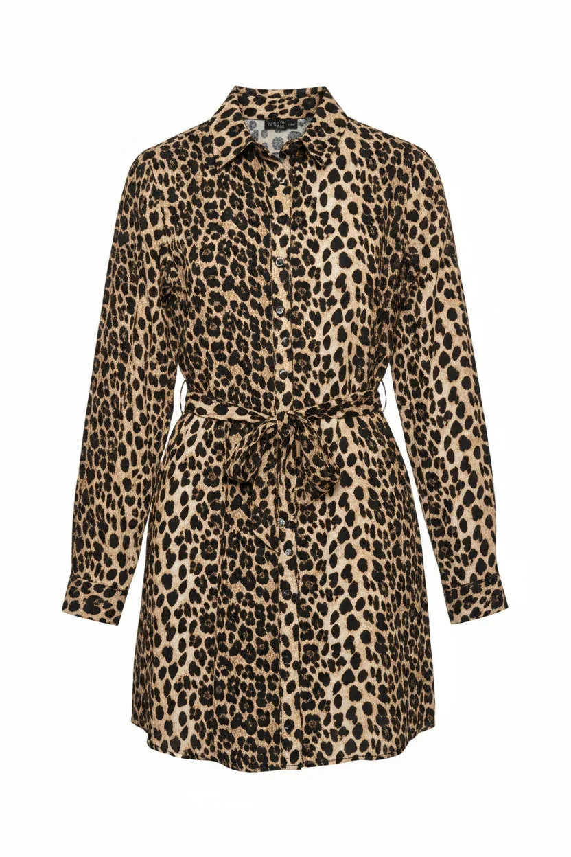 Leopard Print Shirt Dress | Women's Long Sleeve Mini Dress UK - Ivory Luxe