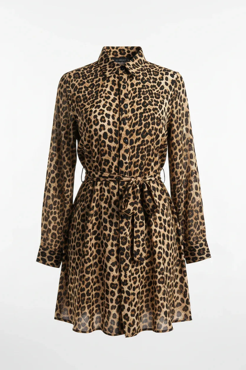 Leopard Print Shirt Dress | Women's Long Sleeve Mini Dress UK - Ivory Luxe