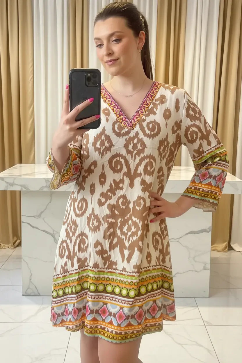 Women's Embellished Kaftan Dress UK | Luxury Printed Boho Tunic | Designer Short Dress - Ivory Luxe