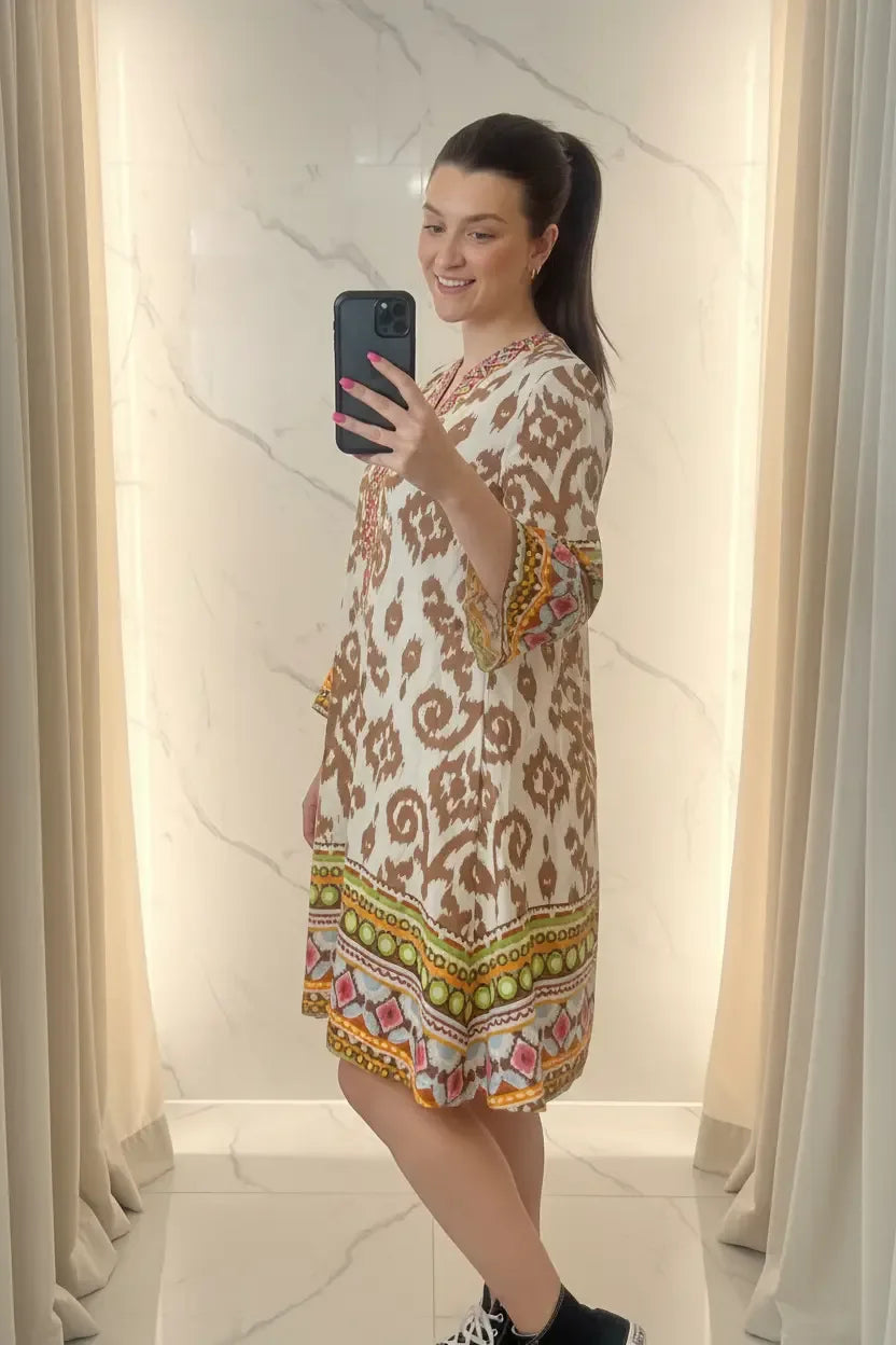 Women's Embellished Kaftan Dress UK | Luxury Printed Boho Tunic | Designer Short Dress - Ivory Luxe