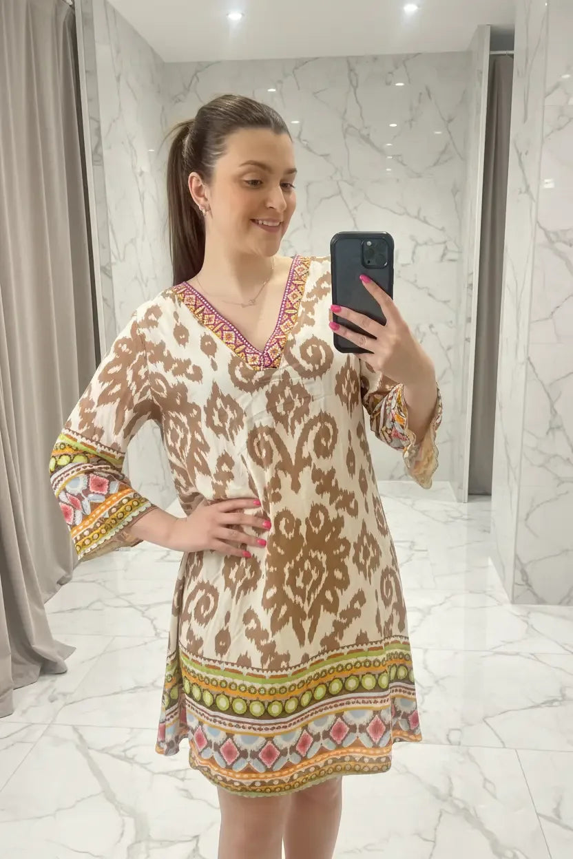 Women's Embellished Kaftan Dress UK | Luxury Printed Boho Tunic | Designer Short Dress - Ivory Luxe