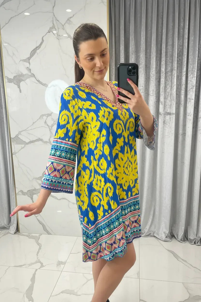 Women's Embellished Kaftan Dress UK | Luxury Printed Boho Tunic | Designer Short Dress - Ivory Luxe