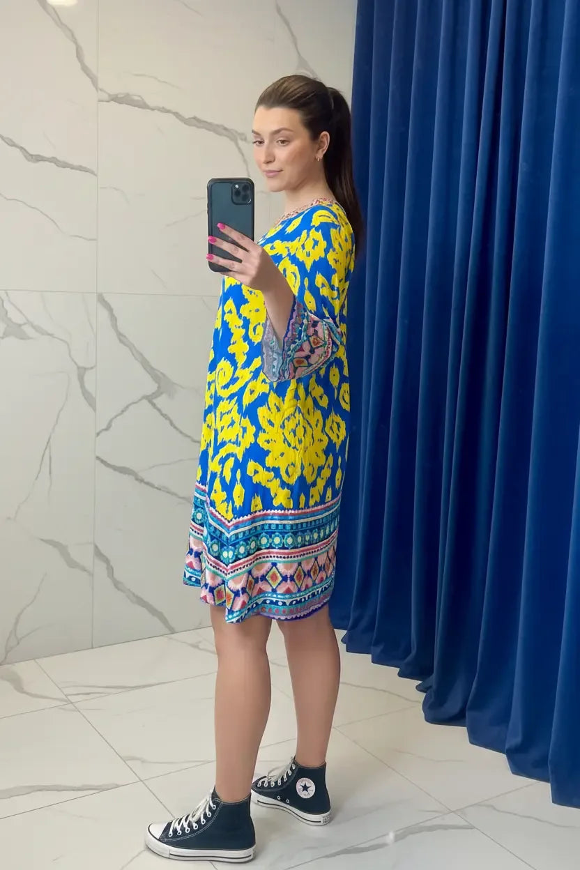 Women's Embellished Kaftan Dress UK | Luxury Printed Boho Tunic | Designer Short Dress - Ivory Luxe